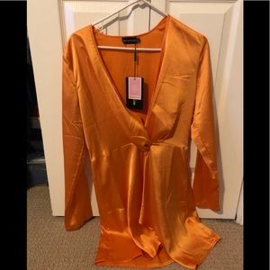 Tangerine Satin Long Sleeve Wrap Dress